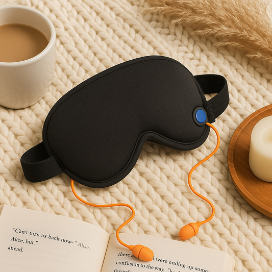 3D sleep mask with orange earbuds on a textured surface with a book and cup of coffee.