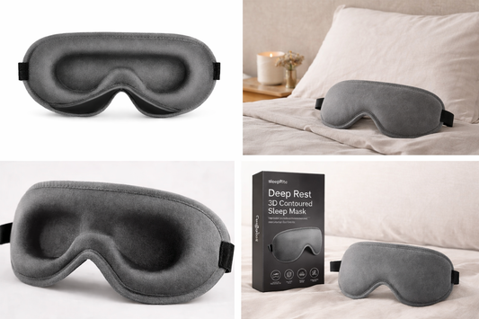 Collage of 3D sleep masks with packaging and usage scenarios.