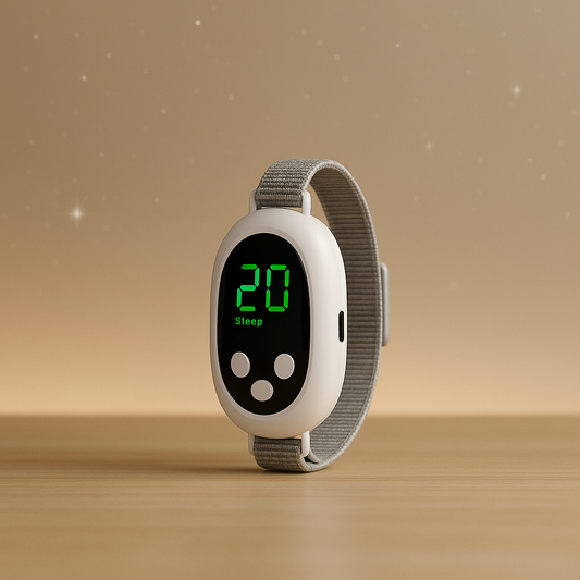 CalmPulse Sleep Aid Device with a green display on a wooden surface