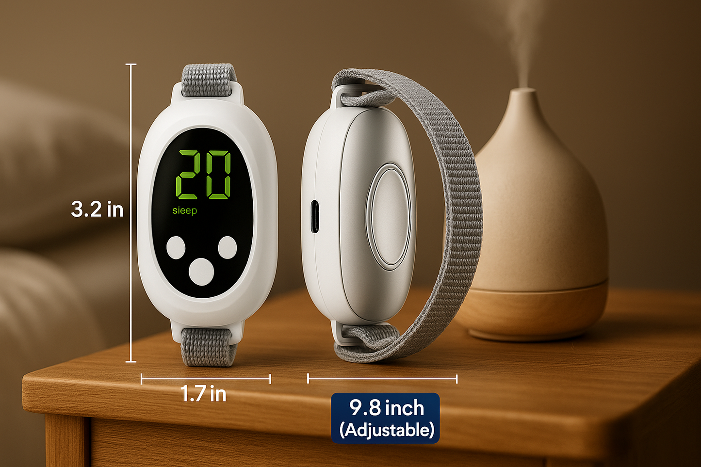 CalmPulse Sleep Aid Device displayed with diffuser and bedroom décor, showing front, side, and strap angles with measurements