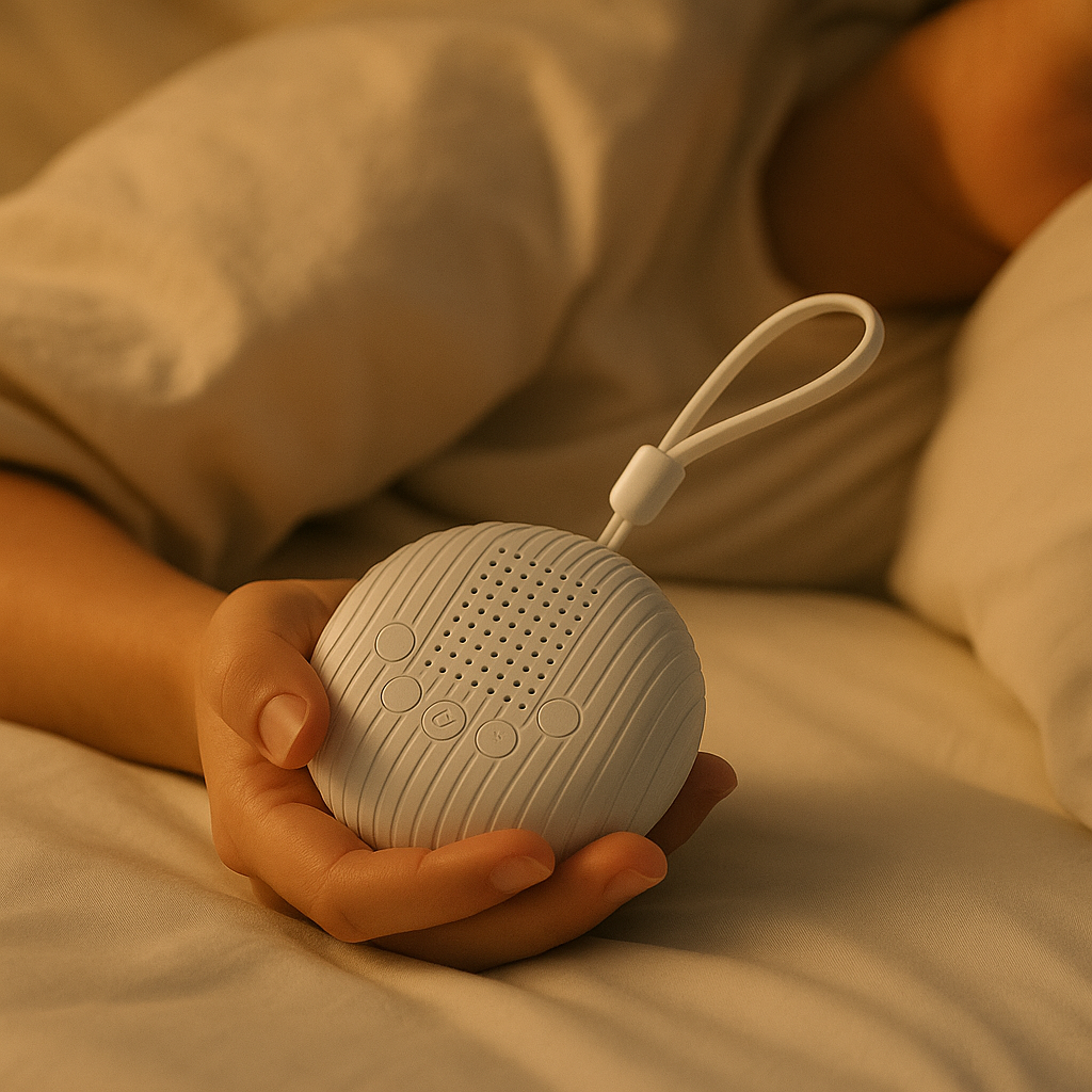 A hand softly cradling the HushMini Portable Sound Machine while drifting to sleep, surrounded by warm, calming bedroom light.
