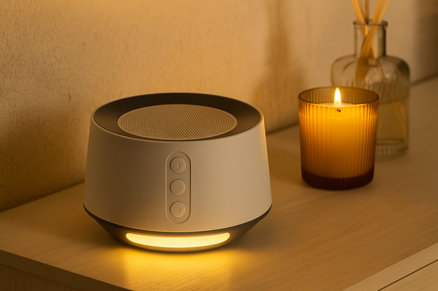 QuietGlow Night Sound Machine with warm night-light glow on a wooden nightstand beside a lit candle and diffuser in a cozy bedroom setting