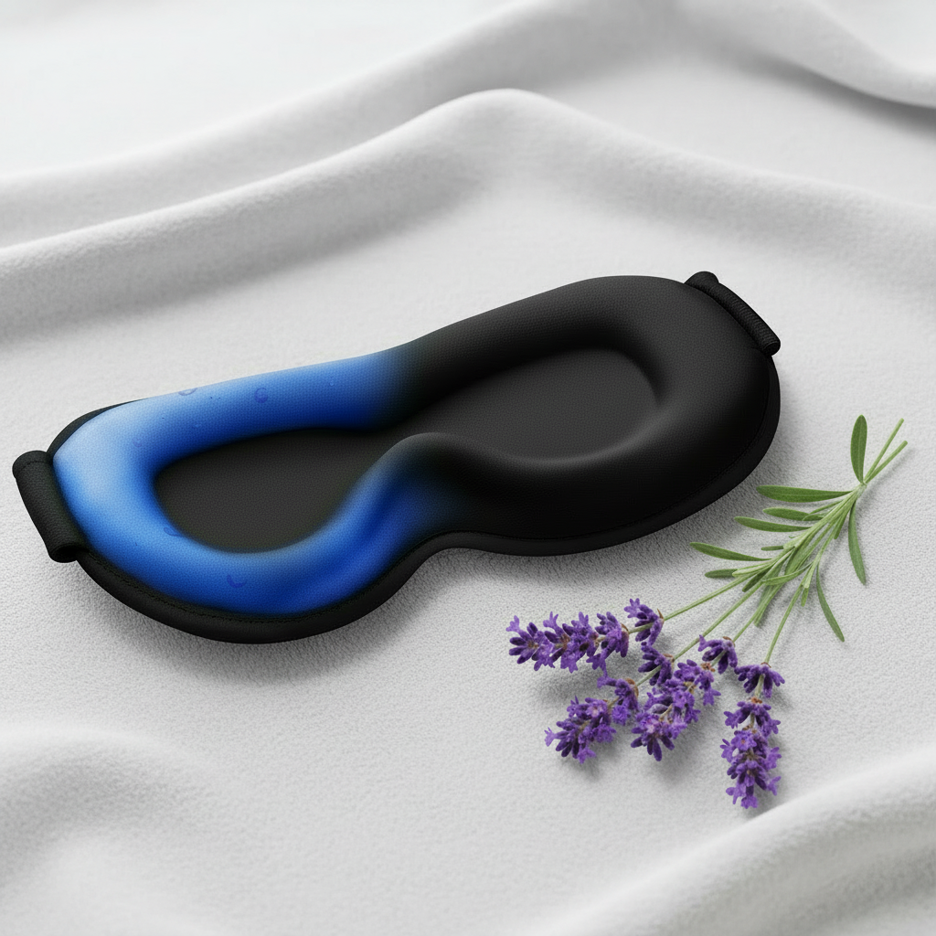 ChillRest eye mask with lavender place on white bed sheets