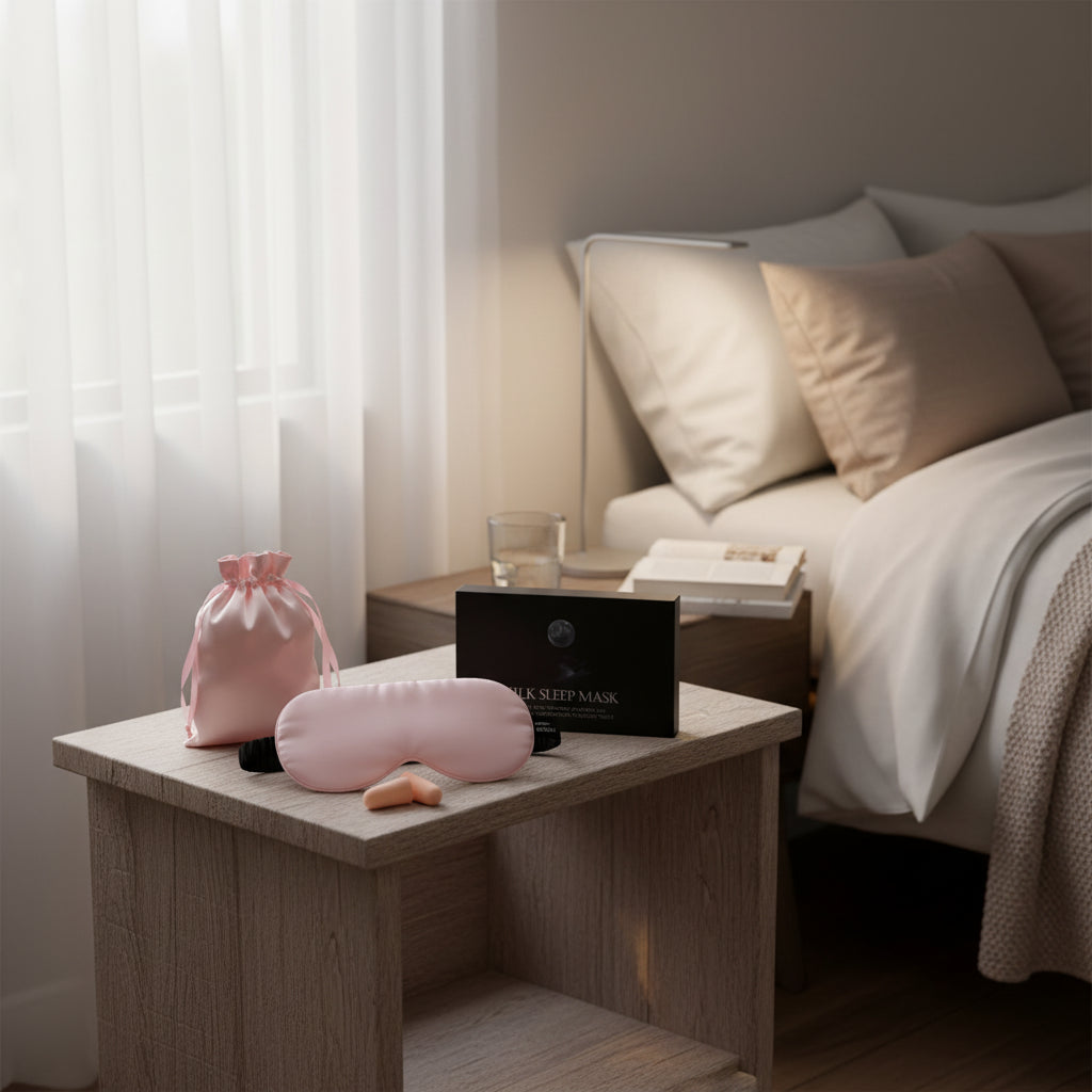 SilkEase sleep mask with packaging, pink drawstring bag, and earplugs on a bedside table in a cozy lit up room