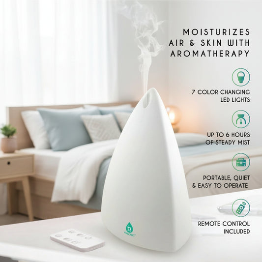 LunaAura diffuser on a table, bedroom in the background, featuring text about its features