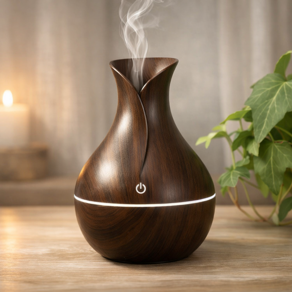 Wooden diffuser emitting steam on a wooden surface with a blurred candle and plant in the background