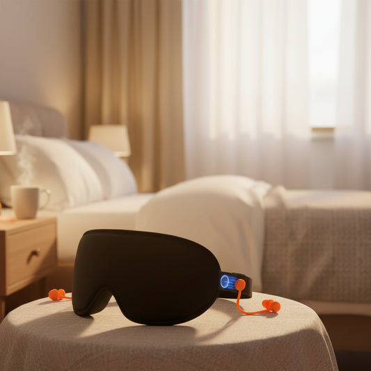  3D eye mask with orange earplugs on bedside table in a cozy bedroom