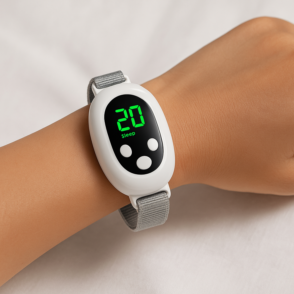 CalmPulse Sleep Aid Device displayed on the wrist