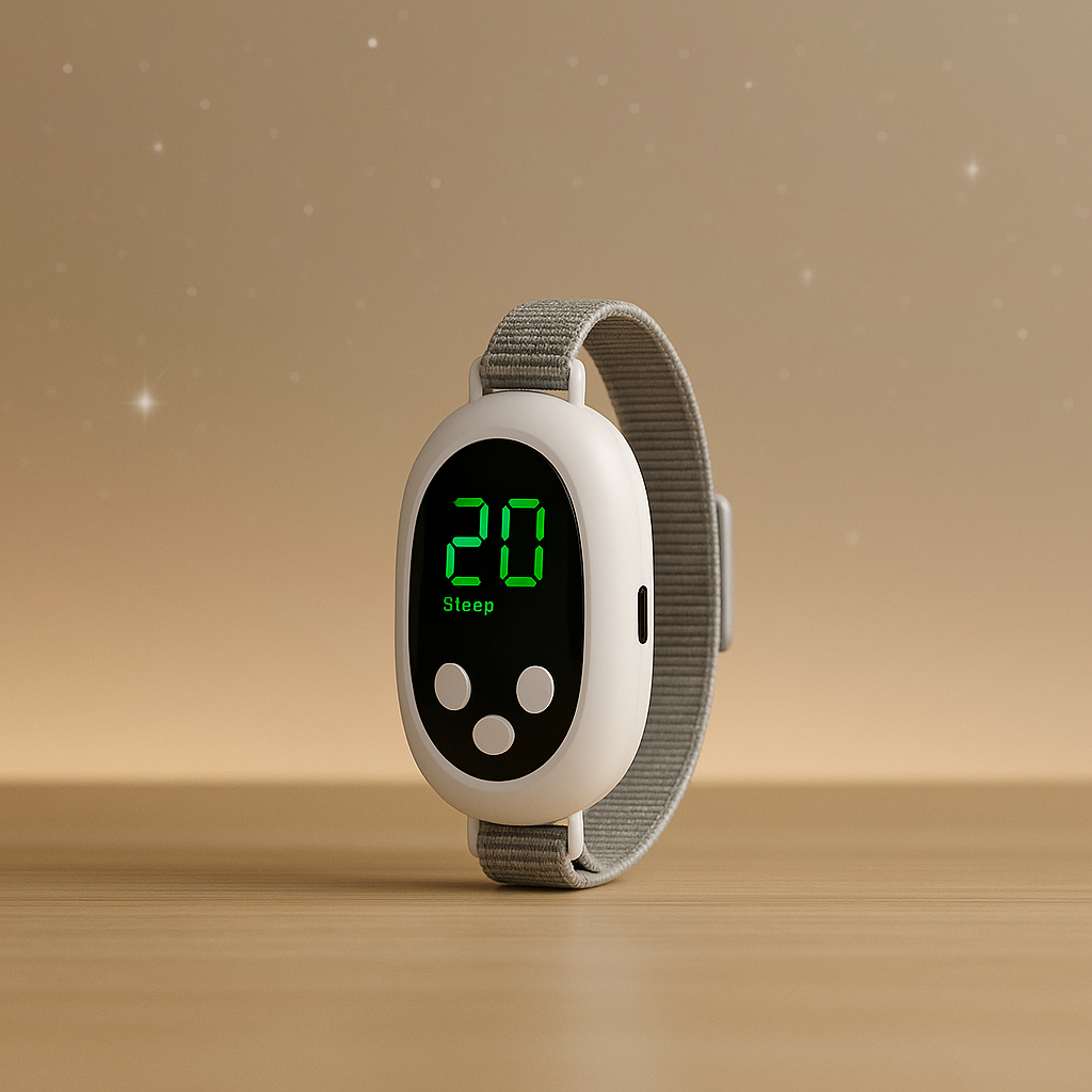 CalmPulse Sleep Aid Device with a green display on a wooden surface