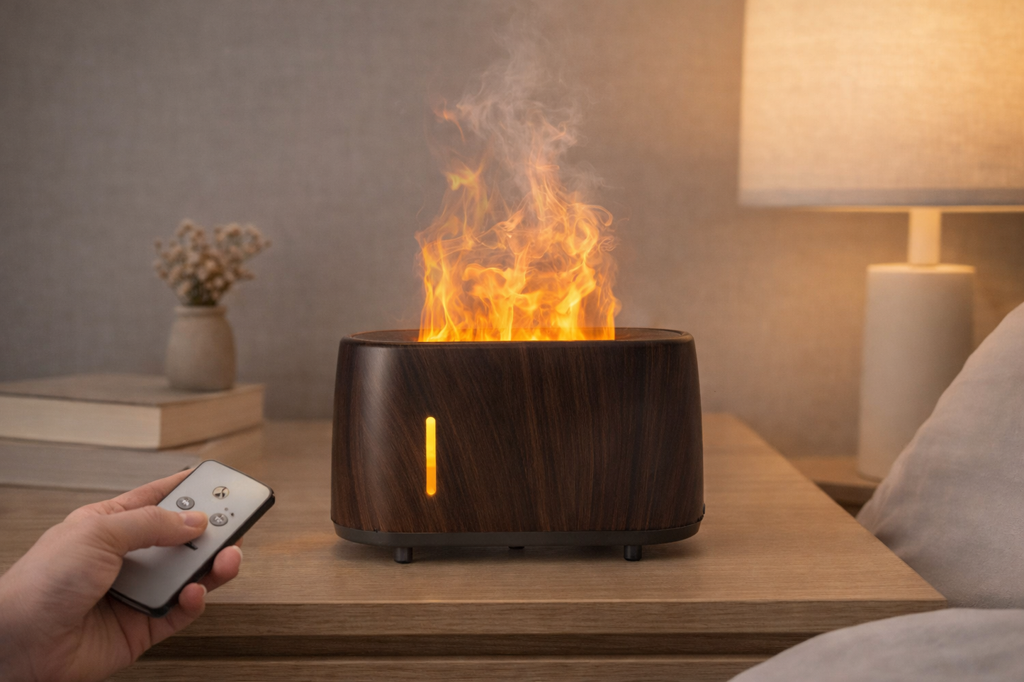Flame Aroma Diffuser on a nightstand, controlled by a remote, in a cozy room setting. *Flame effect is created with light and mist - no heat or fire.