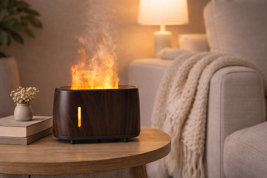 Flame Aroma Diffuser on a table in a cozy living room. *Flame effect is created with light and mist - no heat or fire.