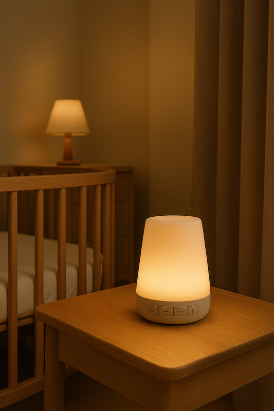 GlowCalm night light on a wooden table in a softly lit room with a crib in the background.
