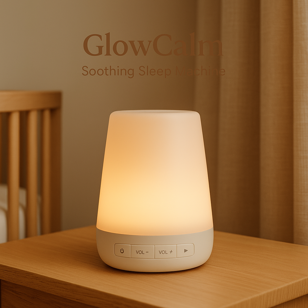GlowCalm soothing sleep machine on a wooden surface with a neutral background