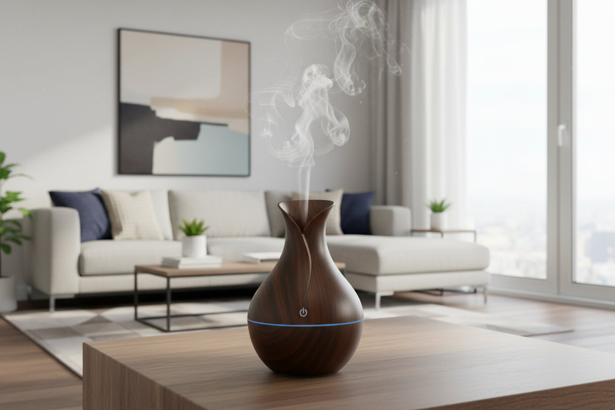 Diffuser in coffee colour emitting steam on a wooden table in a lit living room