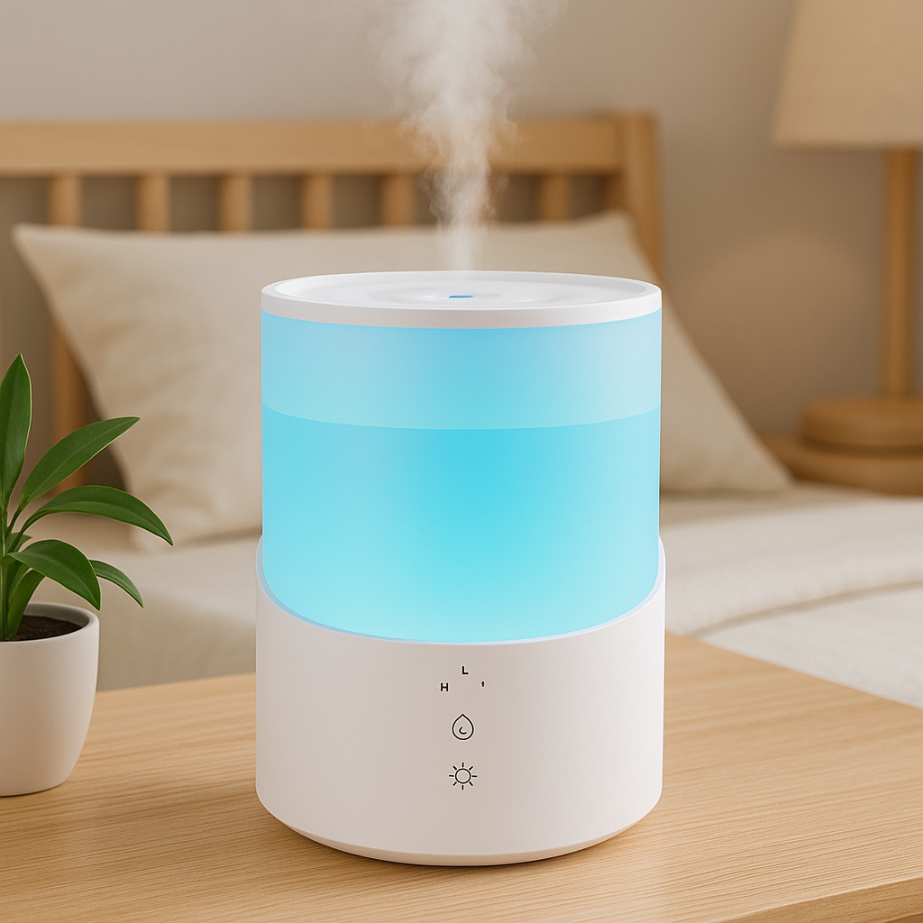 Quiet cool mist humidifier on bedside table in a calm, neutral bedroom