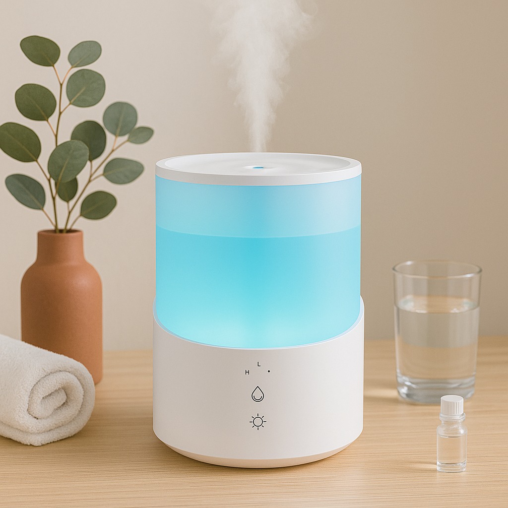 Cool mist humidifier on a wooden surface with plant, glass of water, and folded towel