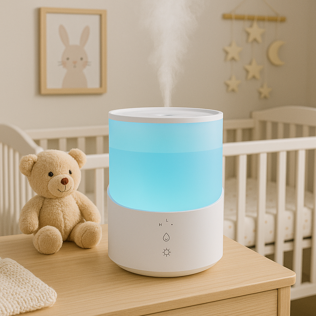 Cool mist humidifier on dresser in a baby nursery with crib and teddy bear