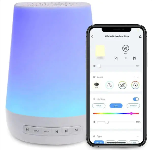 GlowCalm soothing sleep machine with a smartphone displaying white noise app interface