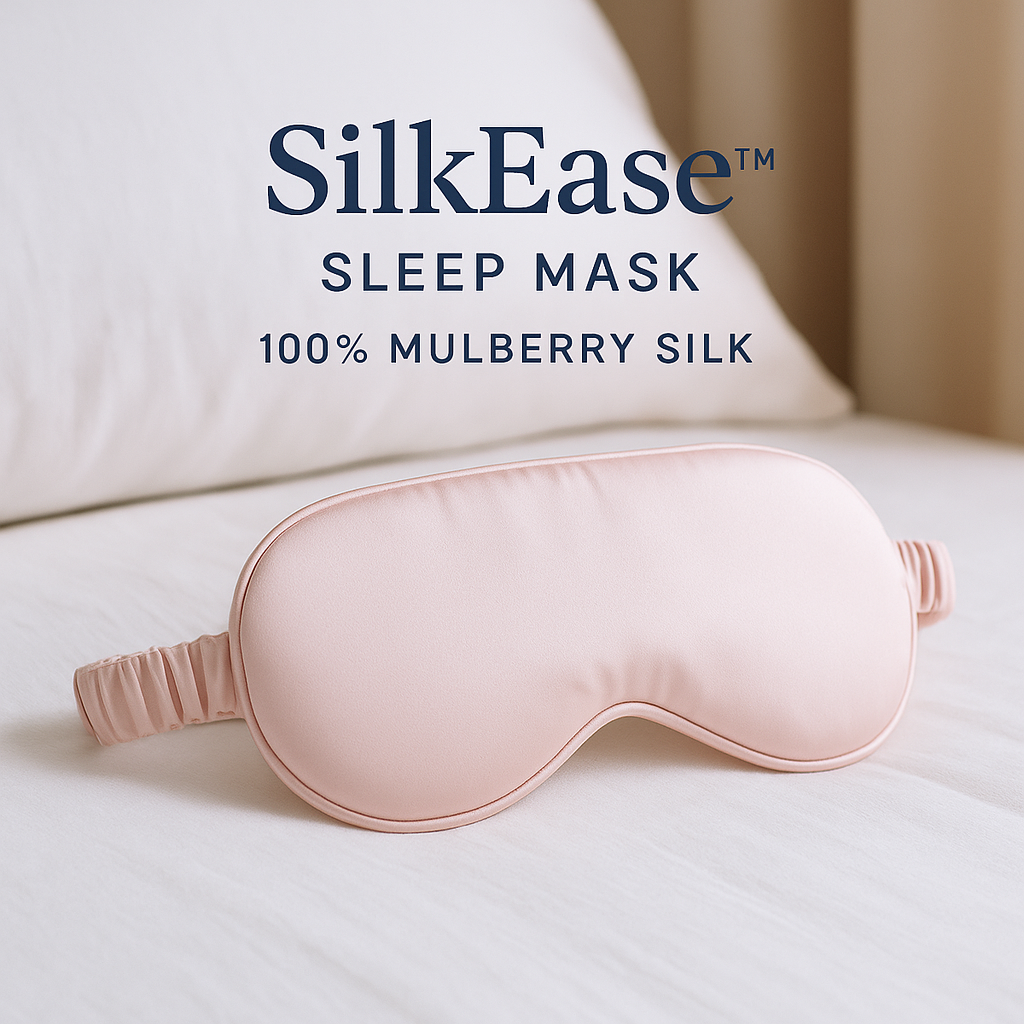 SilkEase sleep mask on a bed with text indicating 100% mulberry silk material.