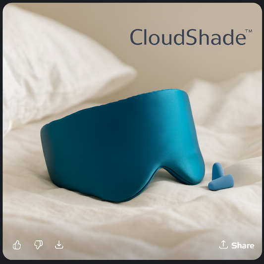 CloudShade Blue sleep mask with earplugs on a bed 