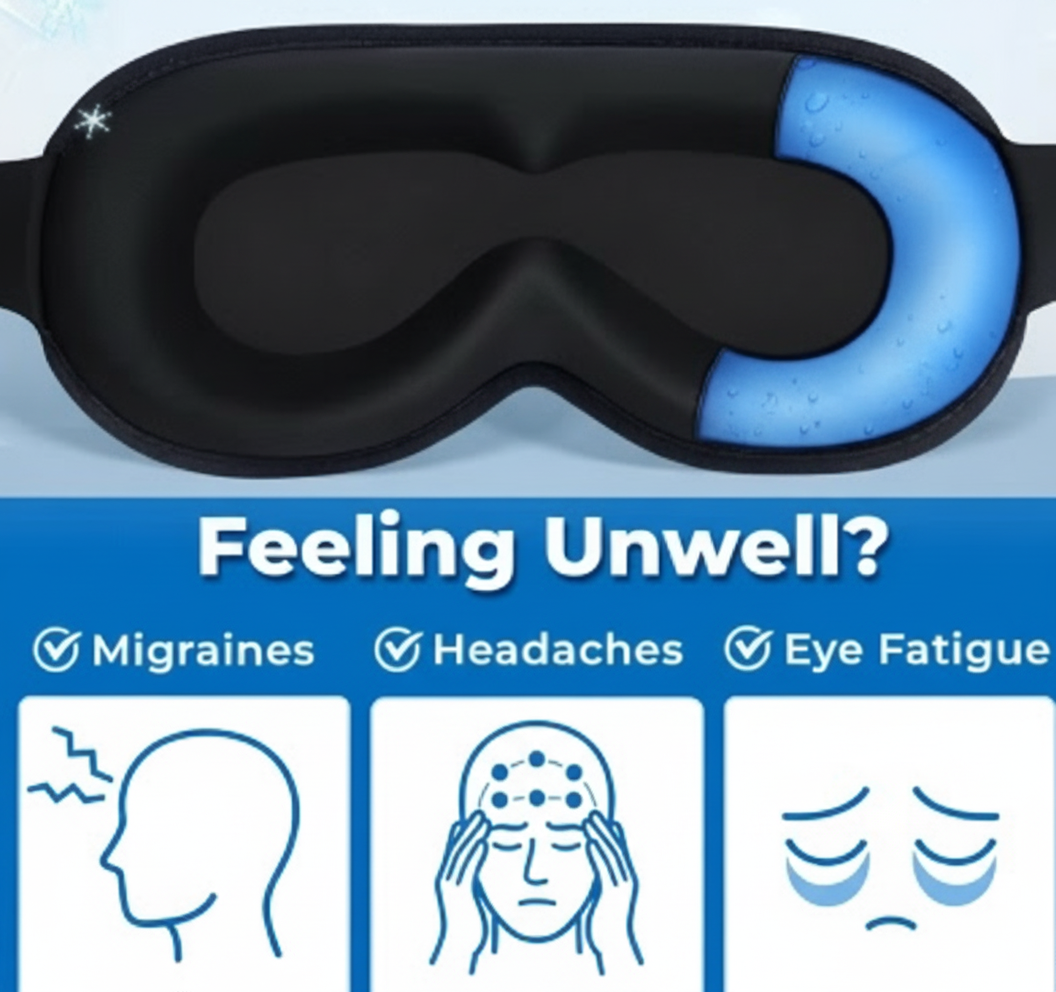 ChillRest eye mask with blue padding, featuring text about health conditions it can help with.