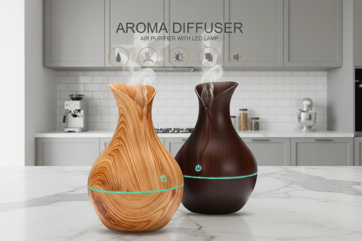 Two wooden patterned aroma diffusers on a kitchen benchtop