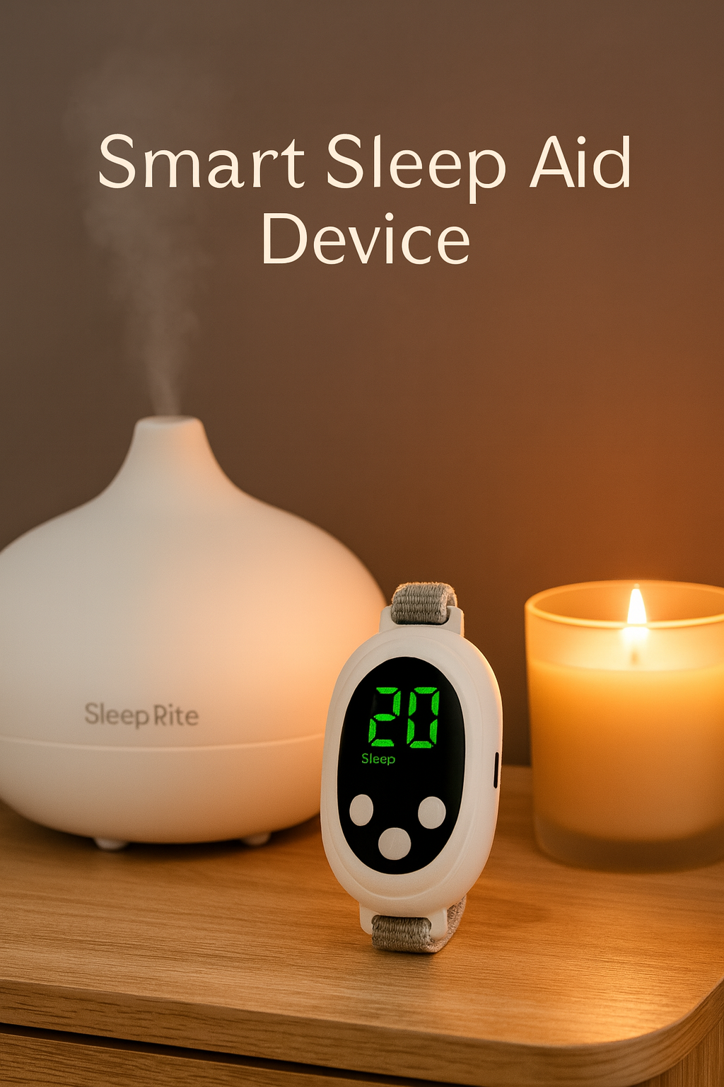 CalmPulse sleep aid device with digital display next to a diffuser and candle on a wooden surface.