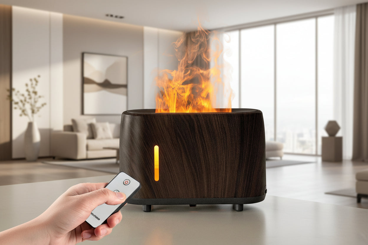 Flame Aroma Diffuser and remote control on a table *Flame effect is created with light and mist - no heat or fire.