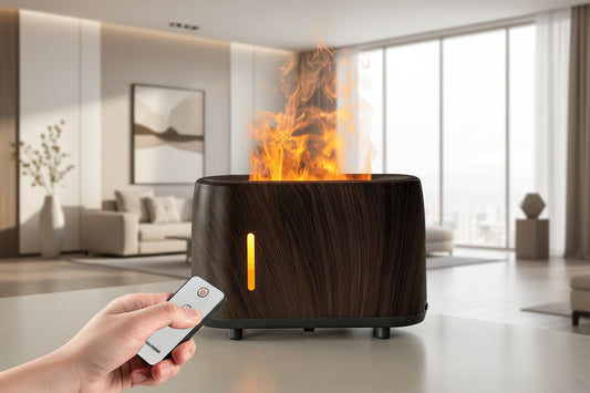 Flame Aroma Diffuser and remote control on a table *Flame effect is created with light and mist - no heat or fire.