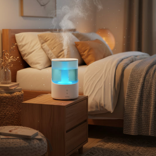 SleepRite™ NightMist Humidifier on bedside table in a cozy bedroom