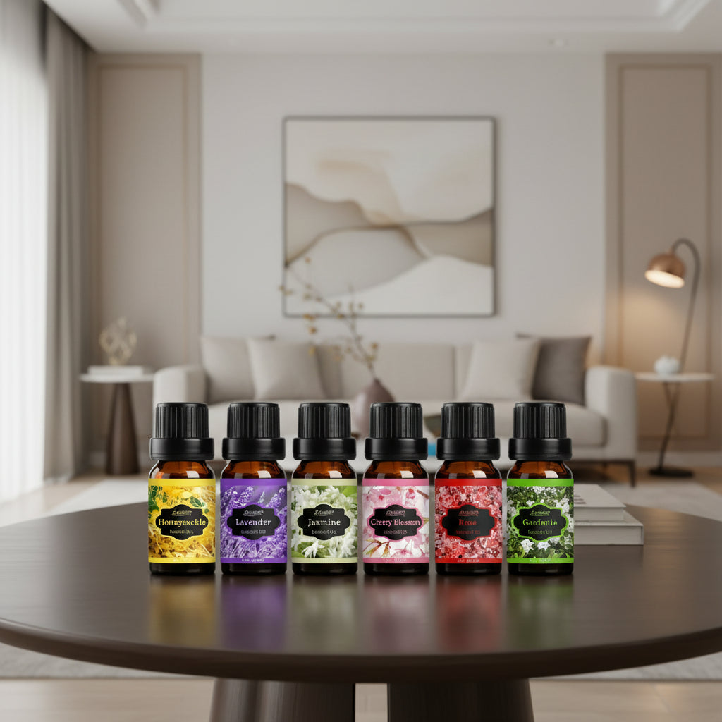Floral Dreams essential oil set with six bottles on a table in the living room