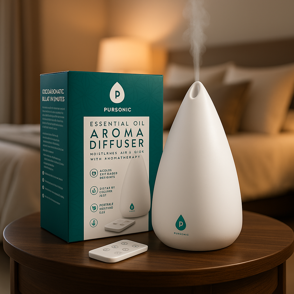 Pursonic essential oil diffuser with packaging on a wooden table in a bedroom setting