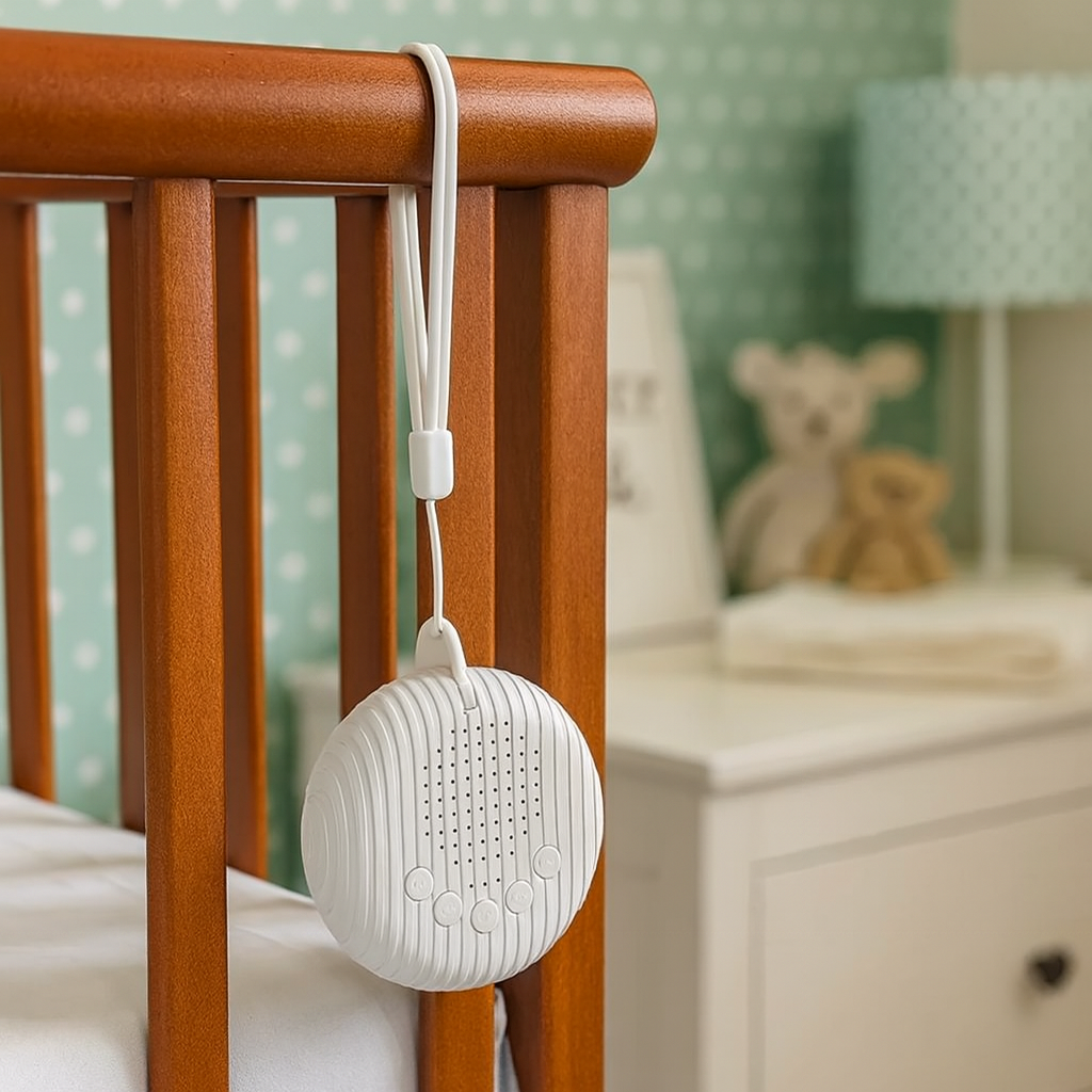 HushMini Portable Sound Machine hanging from a wooden crib rail in a soft pastel nursery with toys and decor in the background