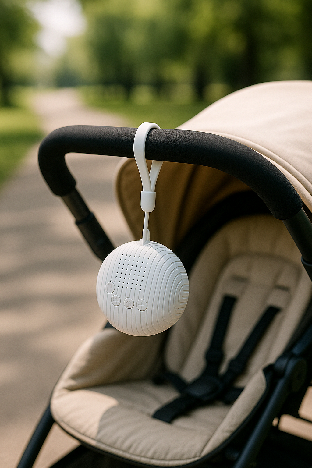 HushMini Portable Sound Machine hanging neatly from a stroller handle, creating a soothing on-the-go sleep environment during a peaceful outdoor stroll.