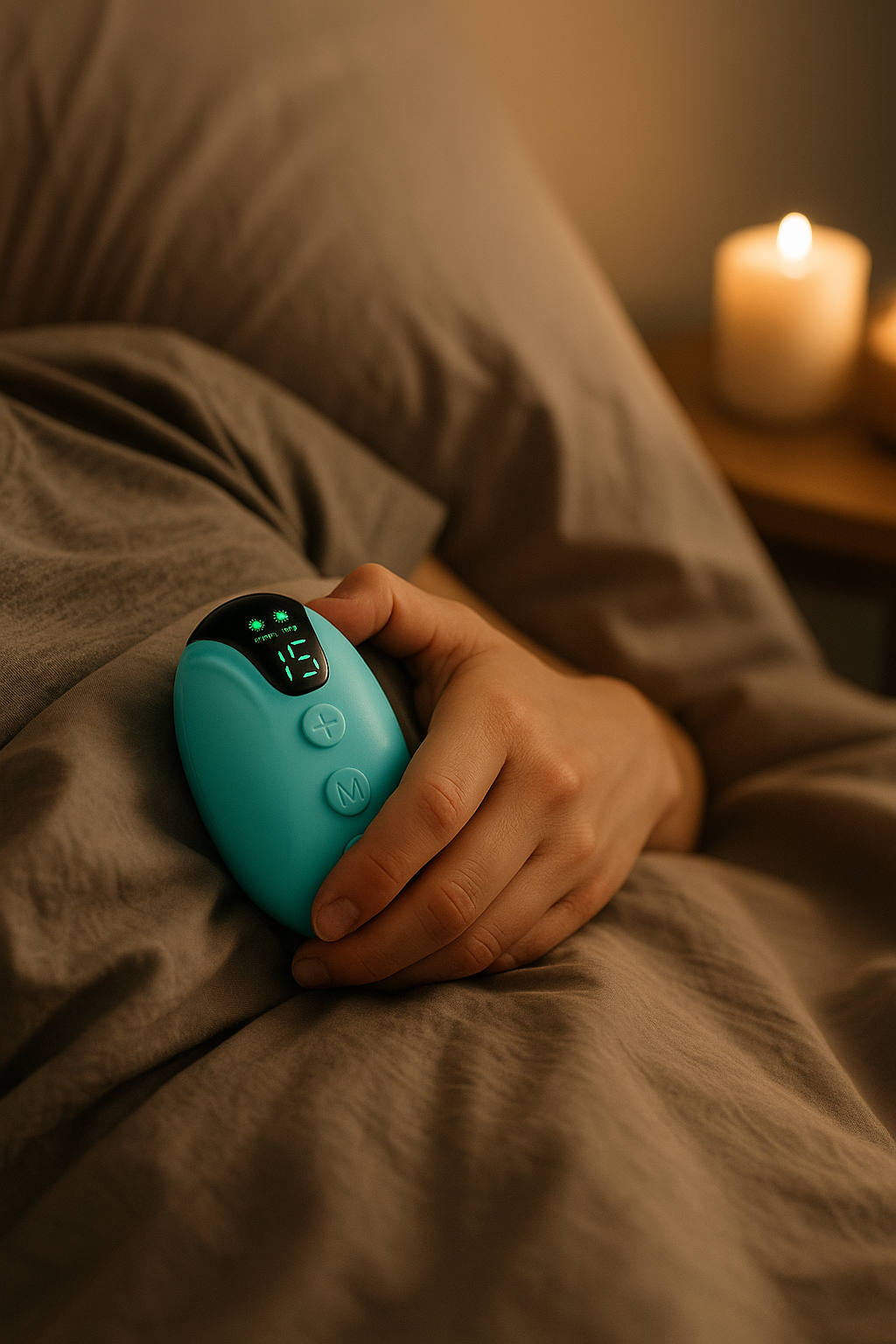 Person laying in bed holding MellowWave Sleep Aid Device, with the room softly lit by warm candles on a bedside table, creating a calm night time atmosphere.