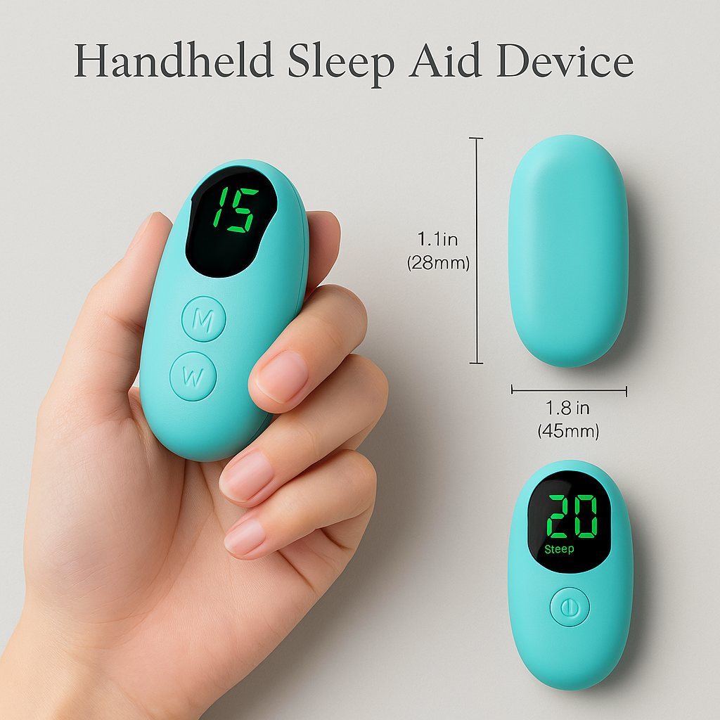 MellowWave Sleep Aid Device held in a hand with measurements shown on a light gray background.