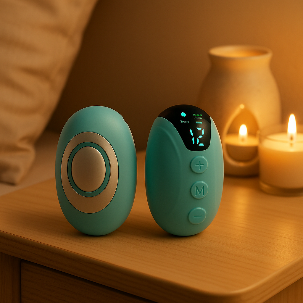 MellowWave Sleep Aid Device on a wooden surface with candles in the background