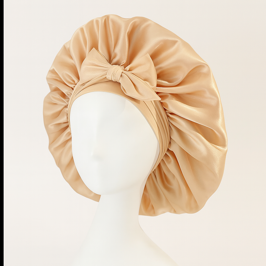 Beige satin headband with a bow on a mannequin head against a light background