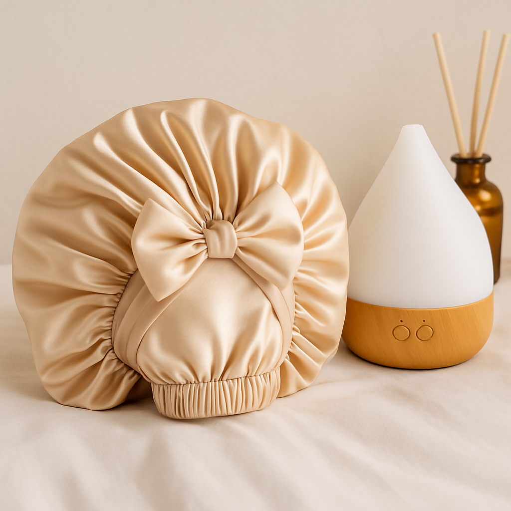 Beige satin bonnet and white diffuser with wooden base on a neutral background