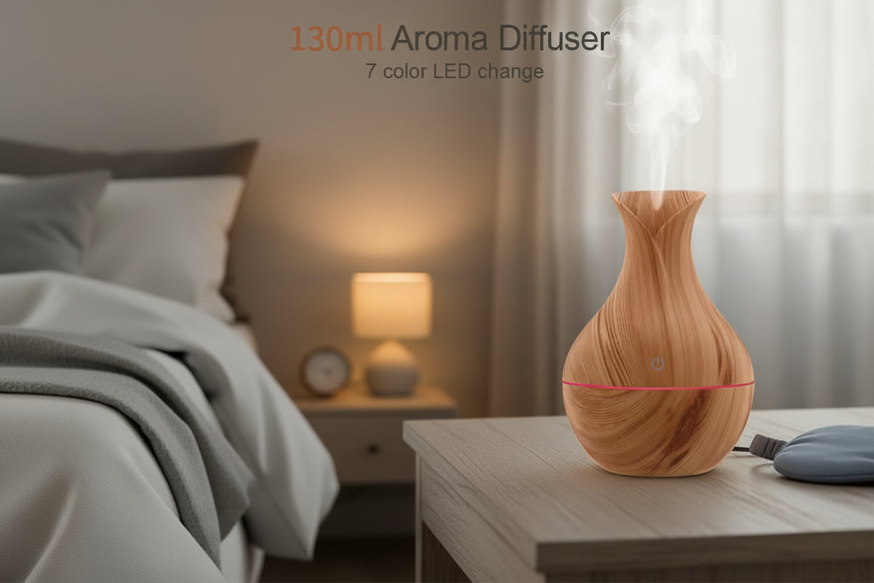 Wooden aroma diffuser on a table in a cozy bedroom