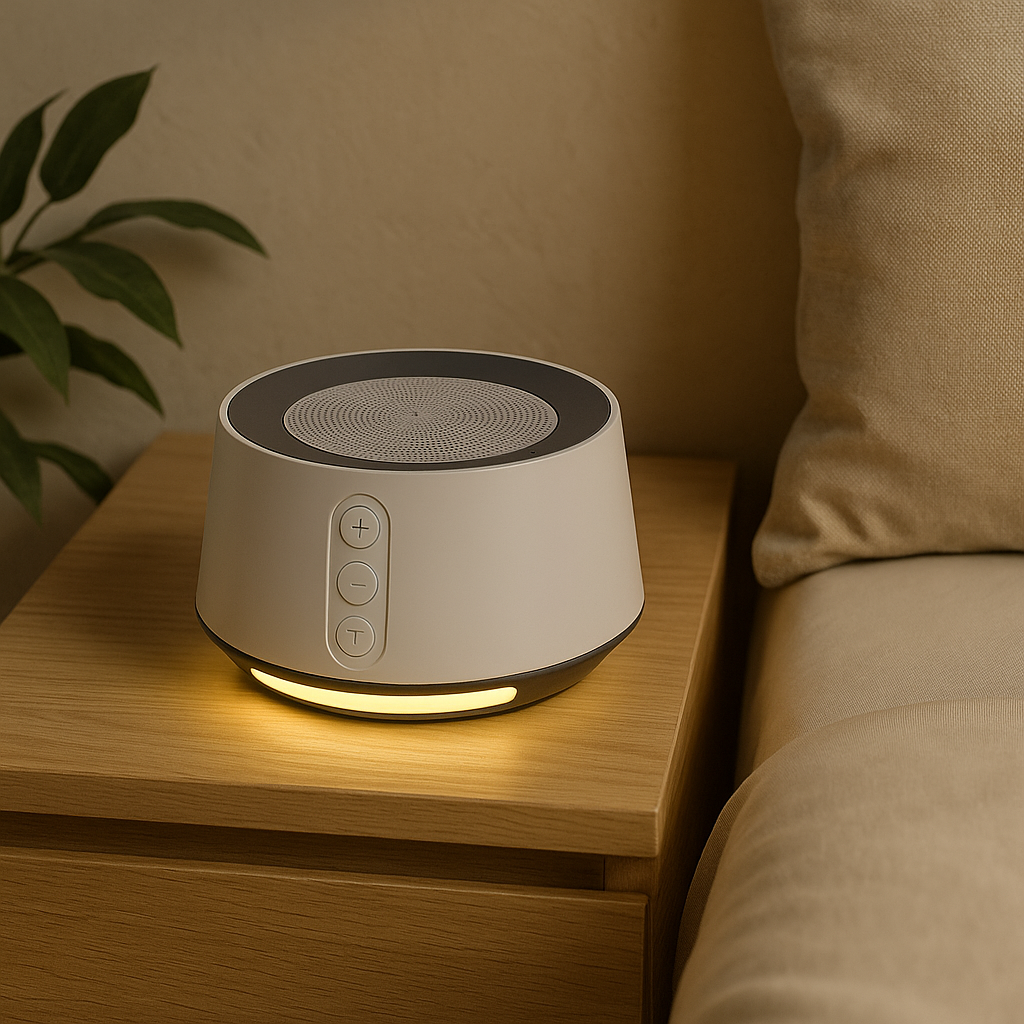 QuietGlow Night Sound Machine with warm night light glow on a wooden bedside table in a cozy, neutral bedroom setting