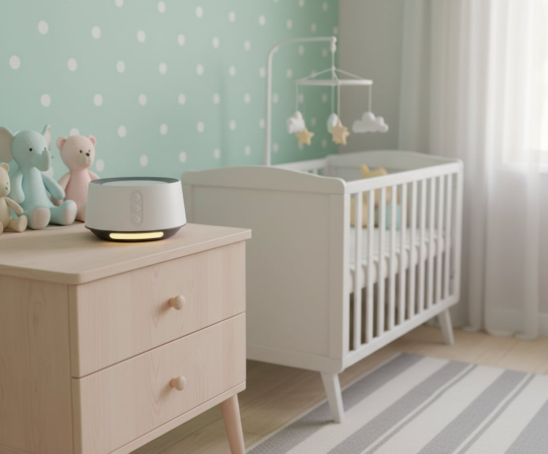 QuietGlow Night Sound Machine with control buttons placed  a baby's nursery 